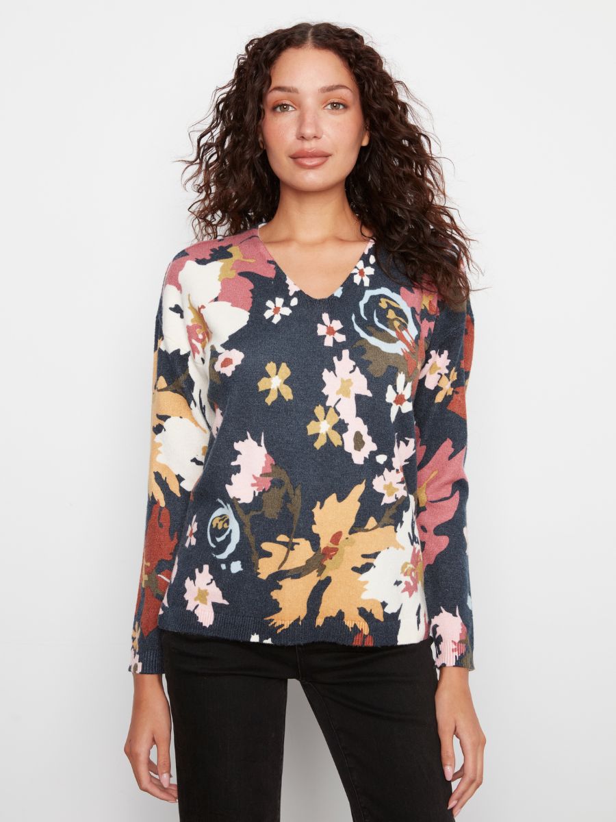 Charlie B Harvest Glow Flower Print V-Neck Sweater