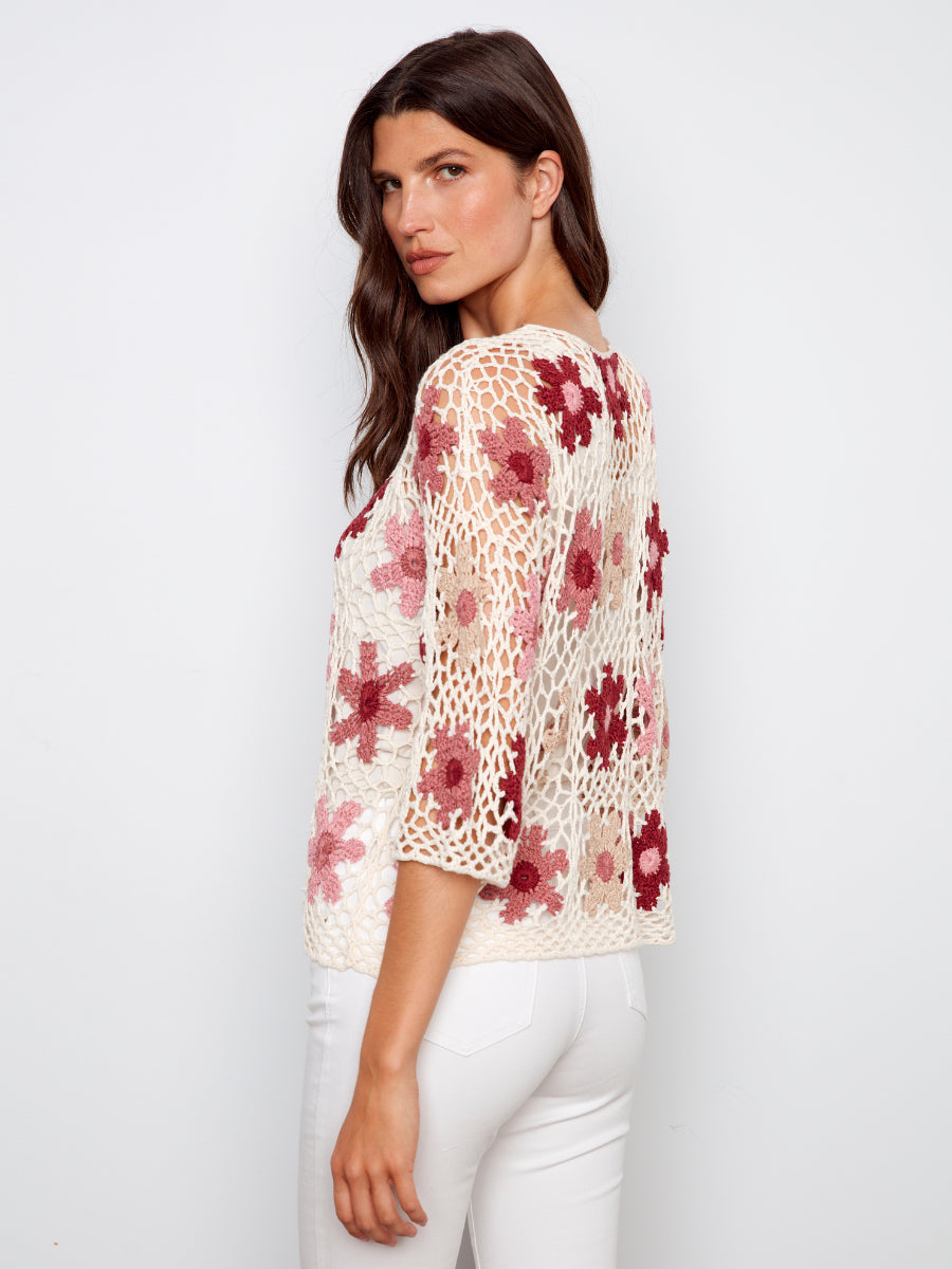 Charlie B Color My Daisy Three-Quarter Sleeve Crochet Top with floral pattern in cream and burgundy from Charlie B collection