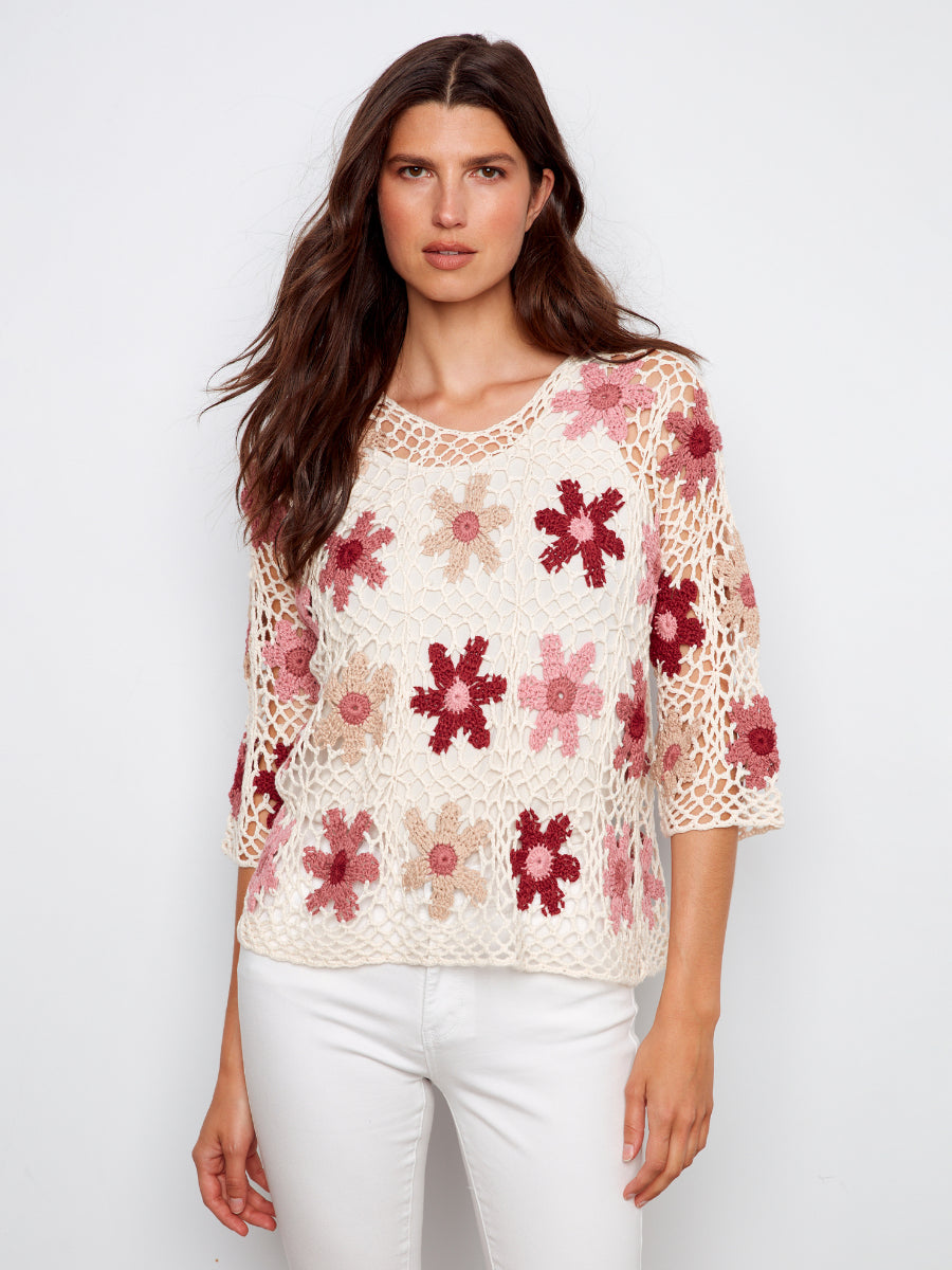 Charlie B Color My Daisy Three-Quarter Sleeve Crochet Top in cream with pink and burgundy floral accents by Charlie B