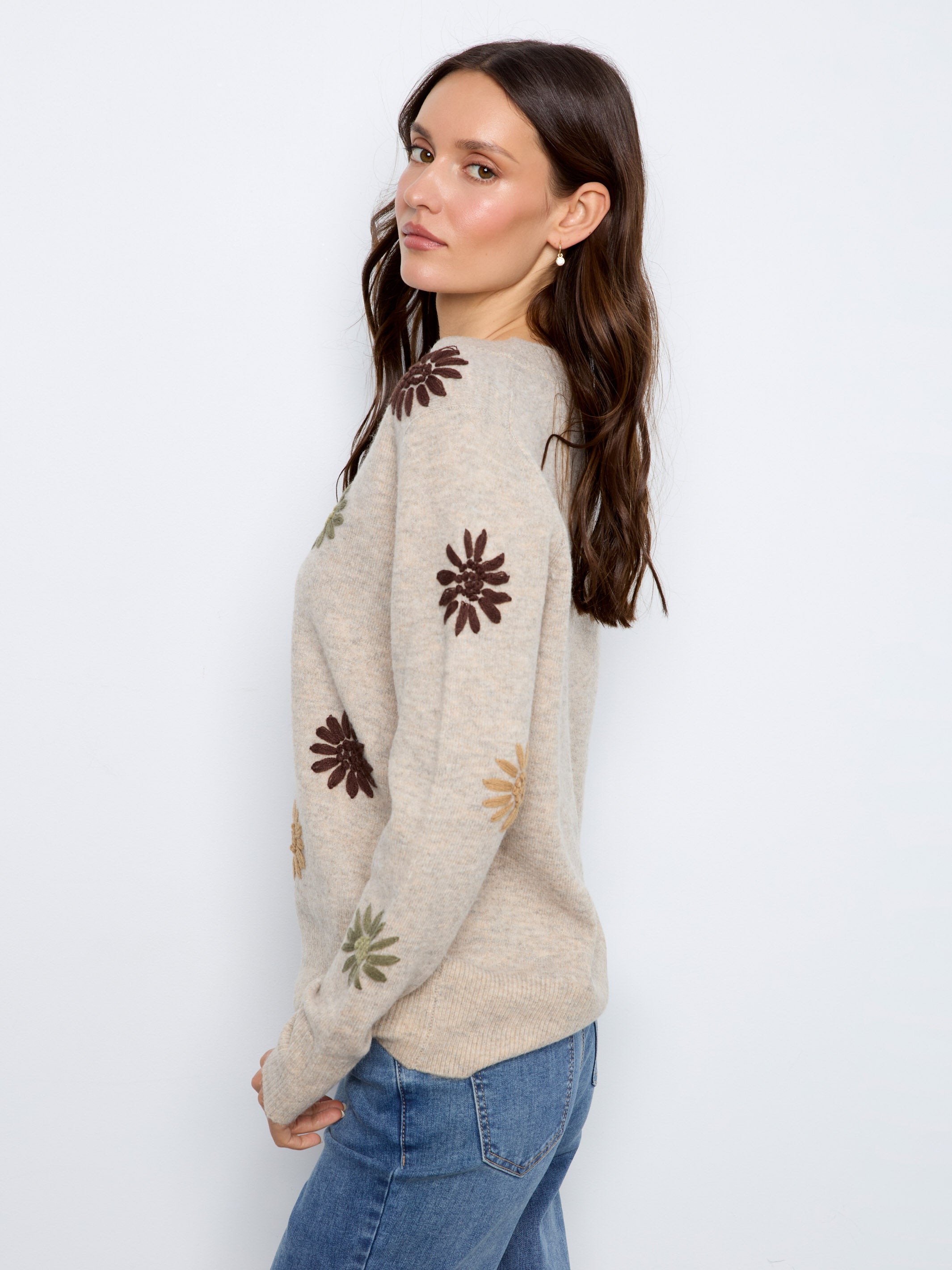 Charlie B Whispered Romance Embroidered Floral V-Neck Sweater