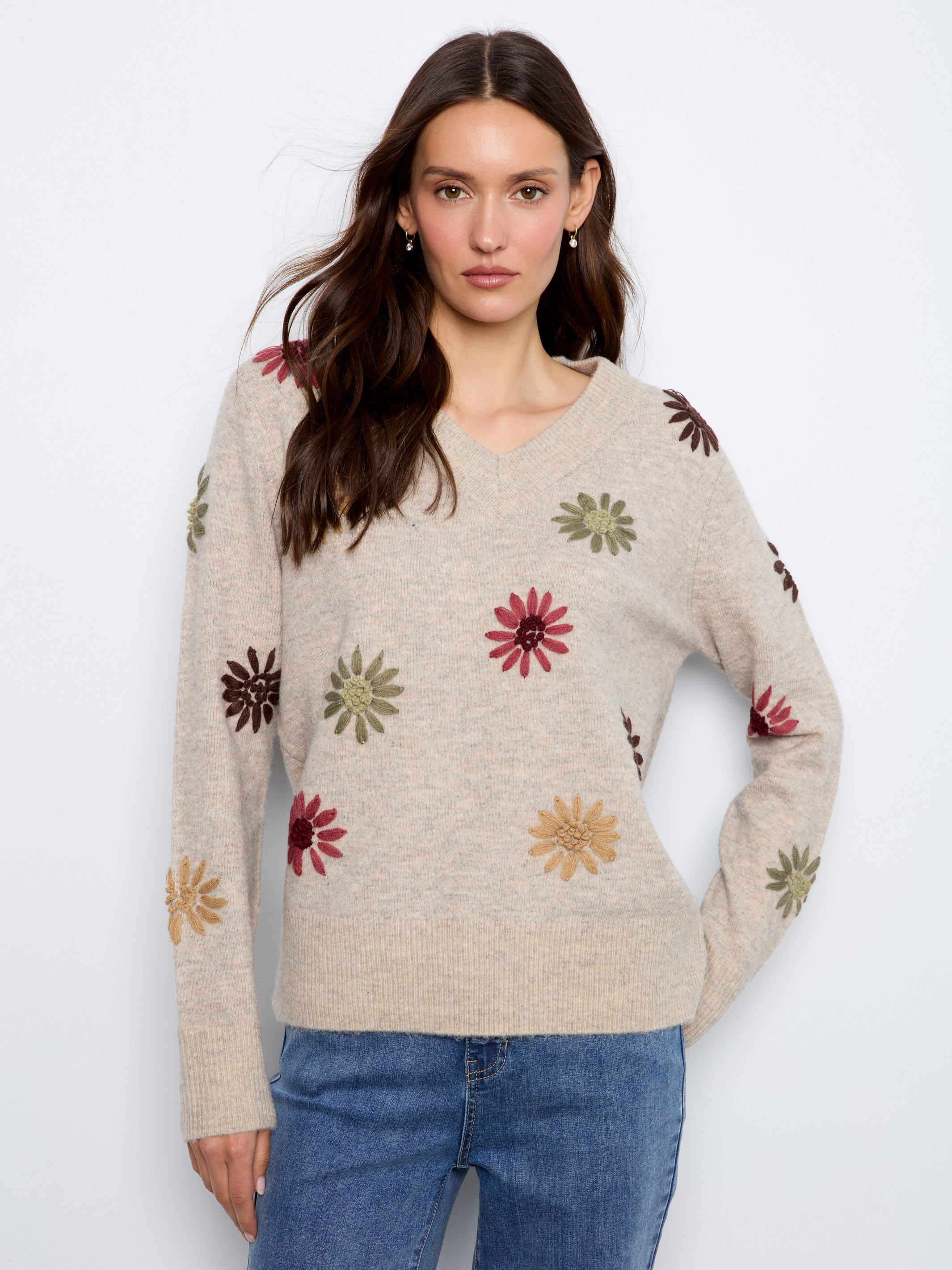 Charlie B Whispered Romance Embroidered Floral V-Neck Sweater