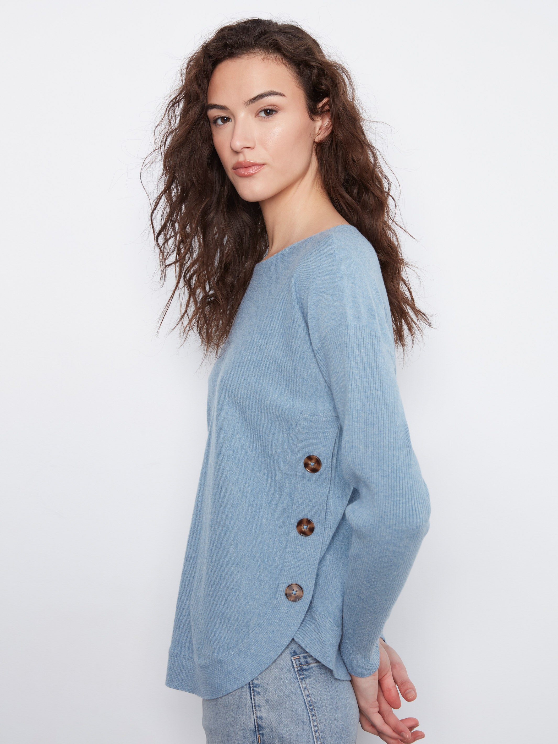 Charlie B Whispered Romance Triple Side Button Crew Neck Sweater