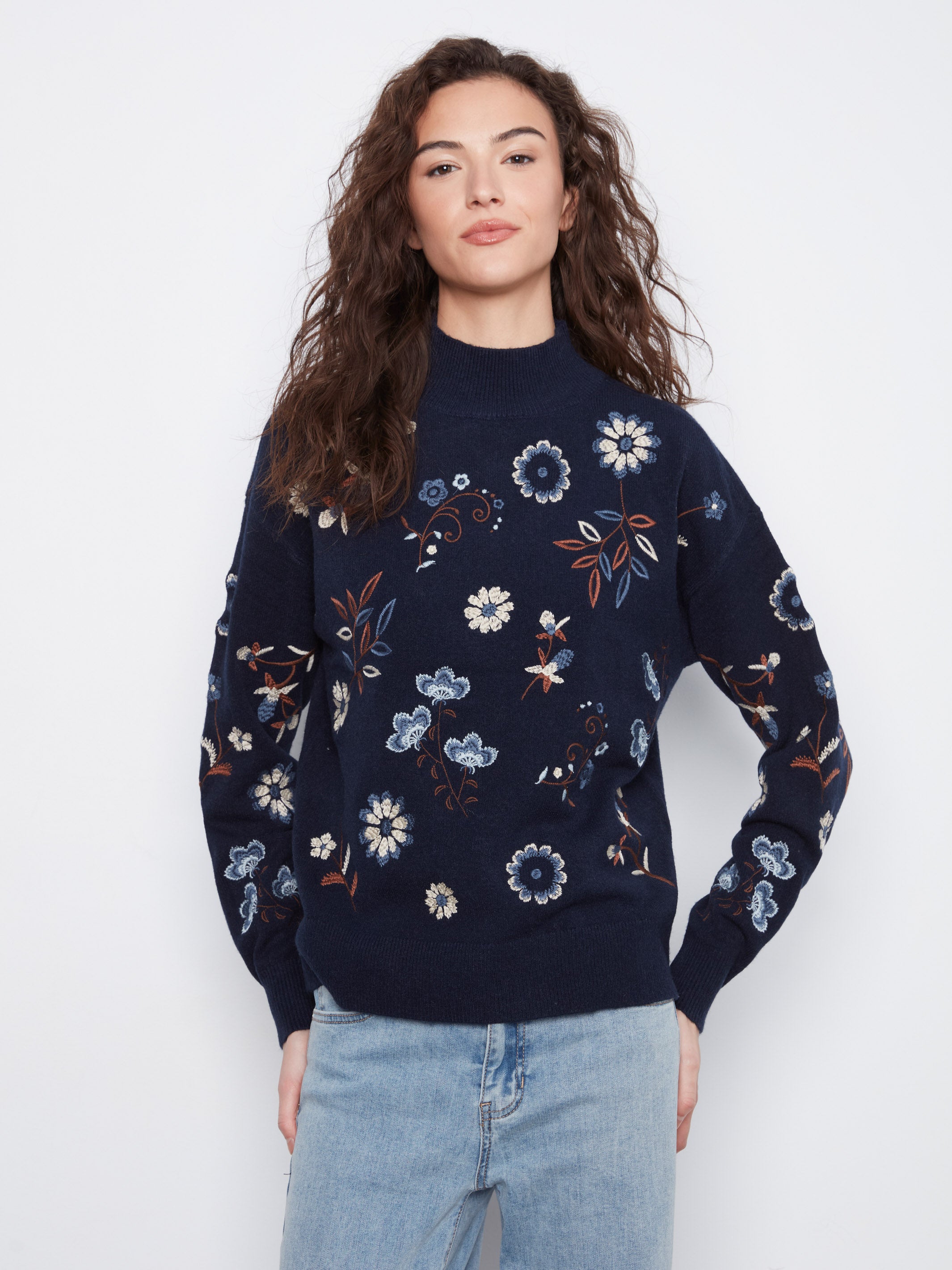 Charlie B Garden Patch Embroidered Mock Neck Sweater
