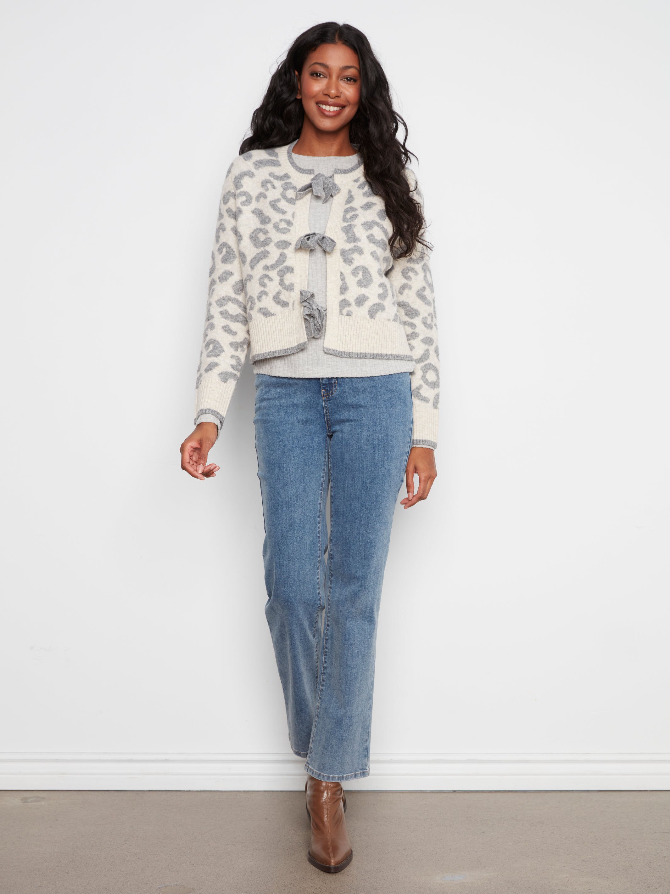 Charlie B Whispered Snow Leopard Tie Front Cardigan