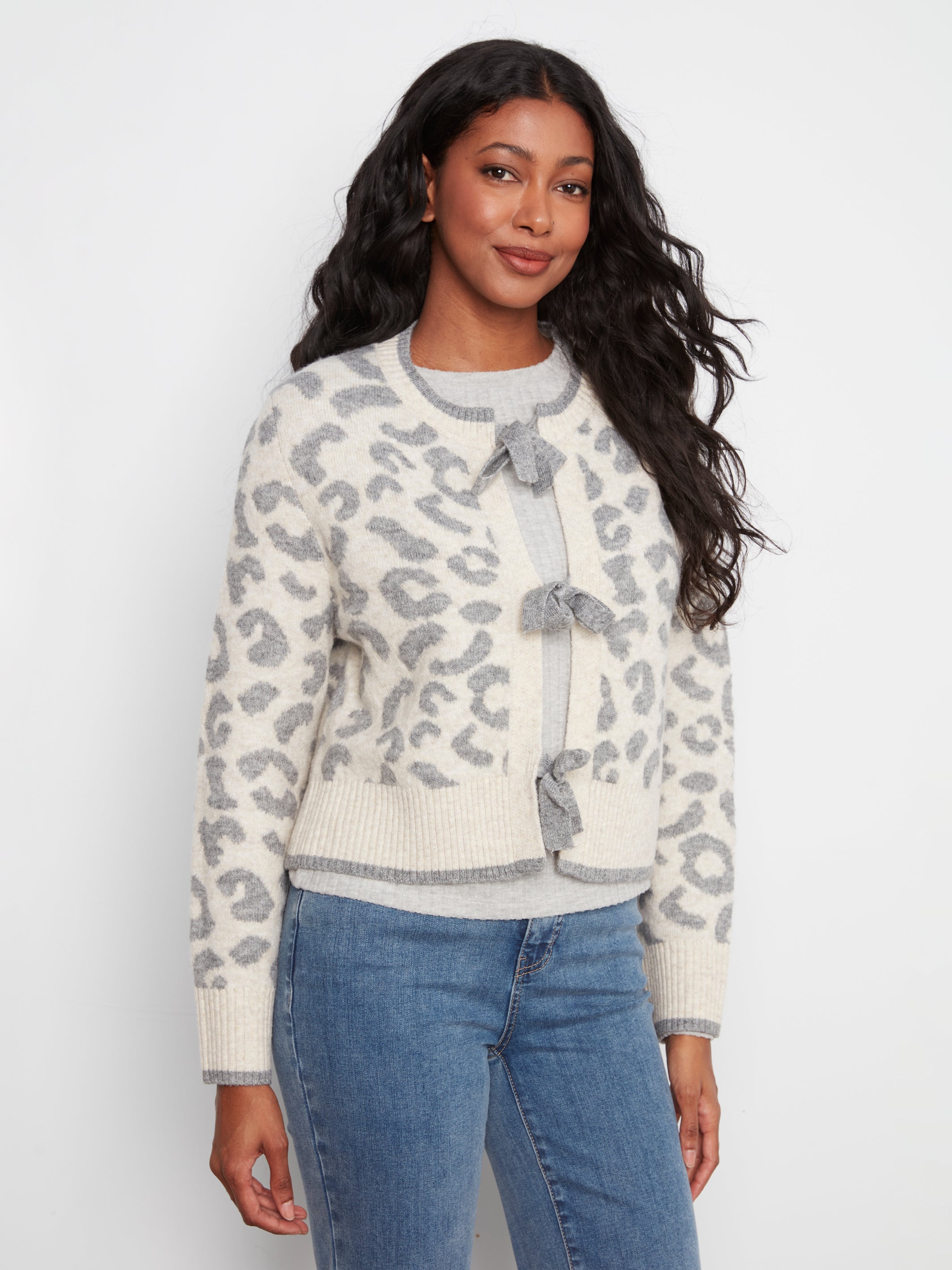 Charlie B Whispered Snow Leopard Tie Front Cardigan