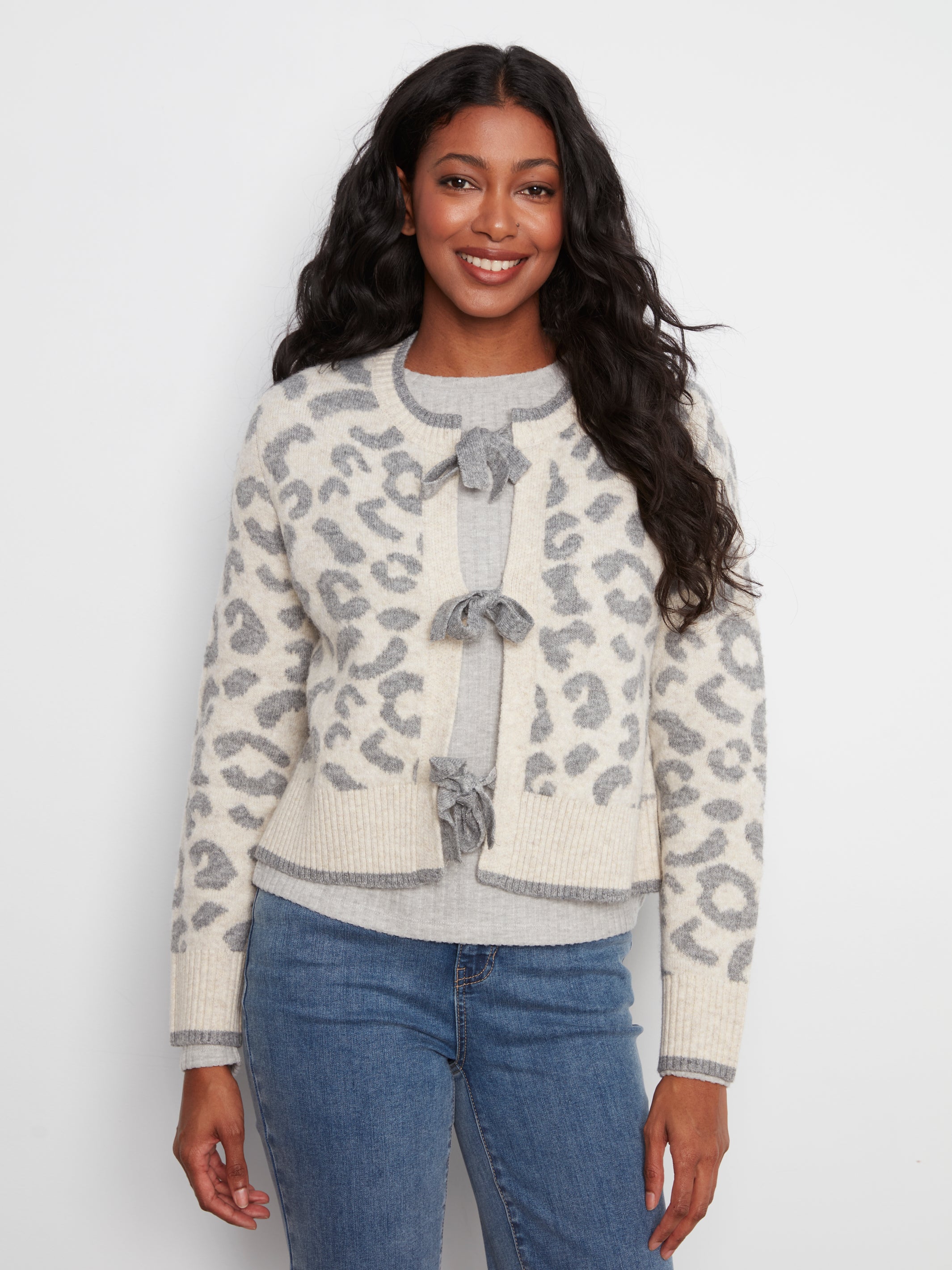 Charlie B Whispered Snow Leopard Tie Front Cardigan