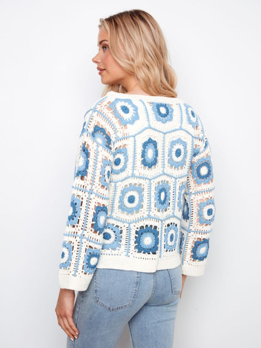 Charlie B Granny Square Floral Crochet Cardigan in cream and blue, styled with light denim jeans, outerwear sweater.