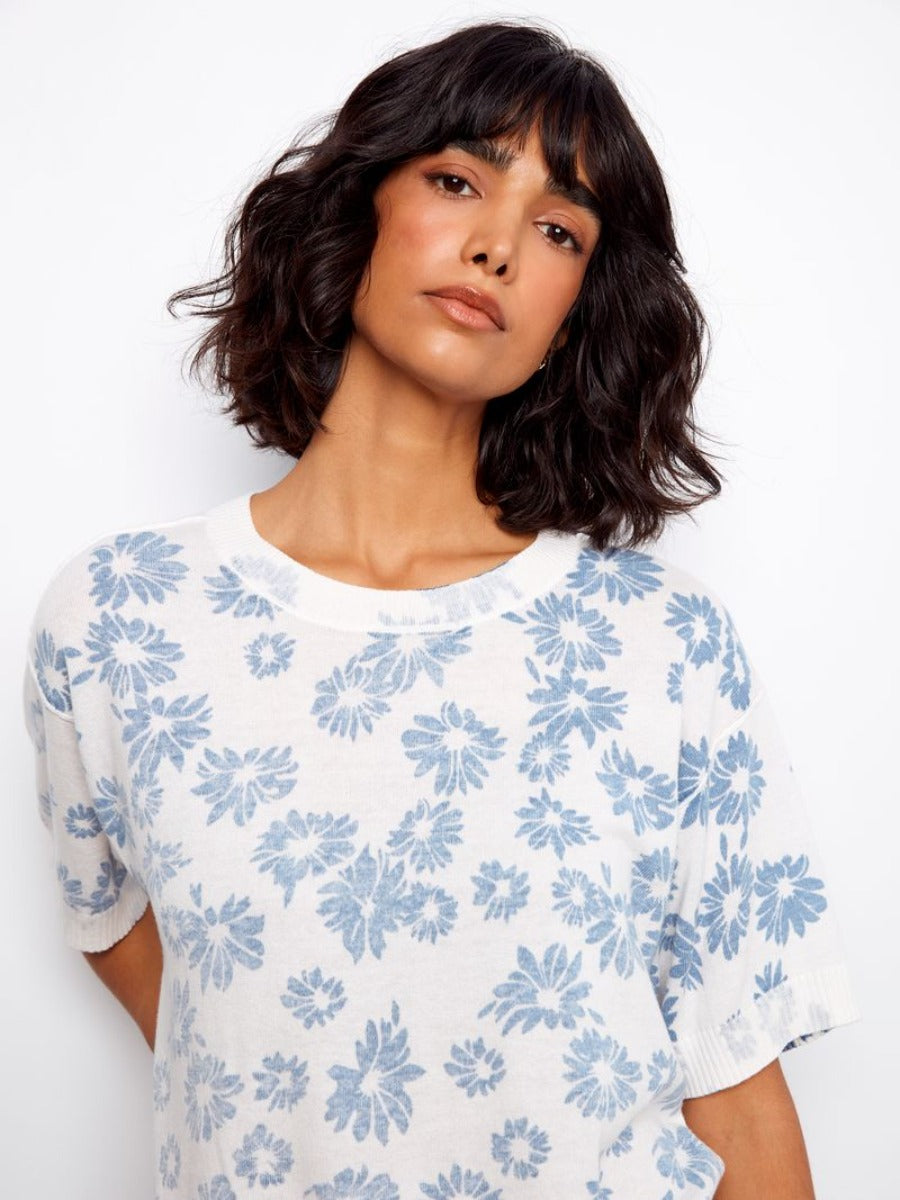 Light blue floral print short sleeve sweater by Charlie B, Charlie B Skylar Petal Crochet Short Sleeve Sweater