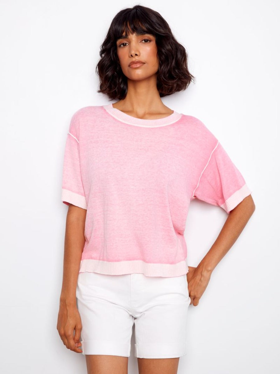 Charlie B Skylar Washed Cotton V-Neck Sweater in soft pink, lightweight knit perfect for layering and casual wear