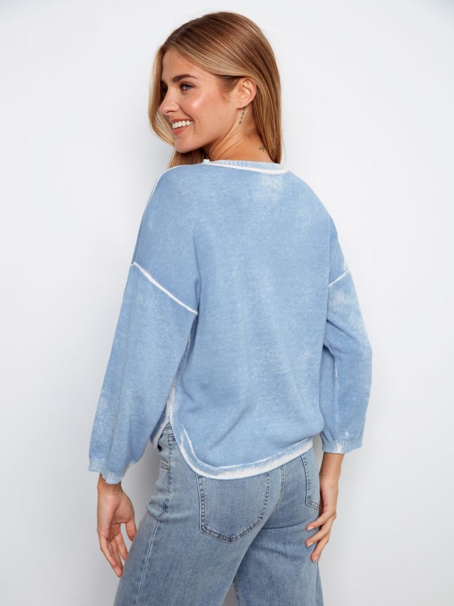 Light blue sweater with washed cotton texture by Charlie B Skylar Washed Cotton Ribbed Crew Neck Sweater with jeans