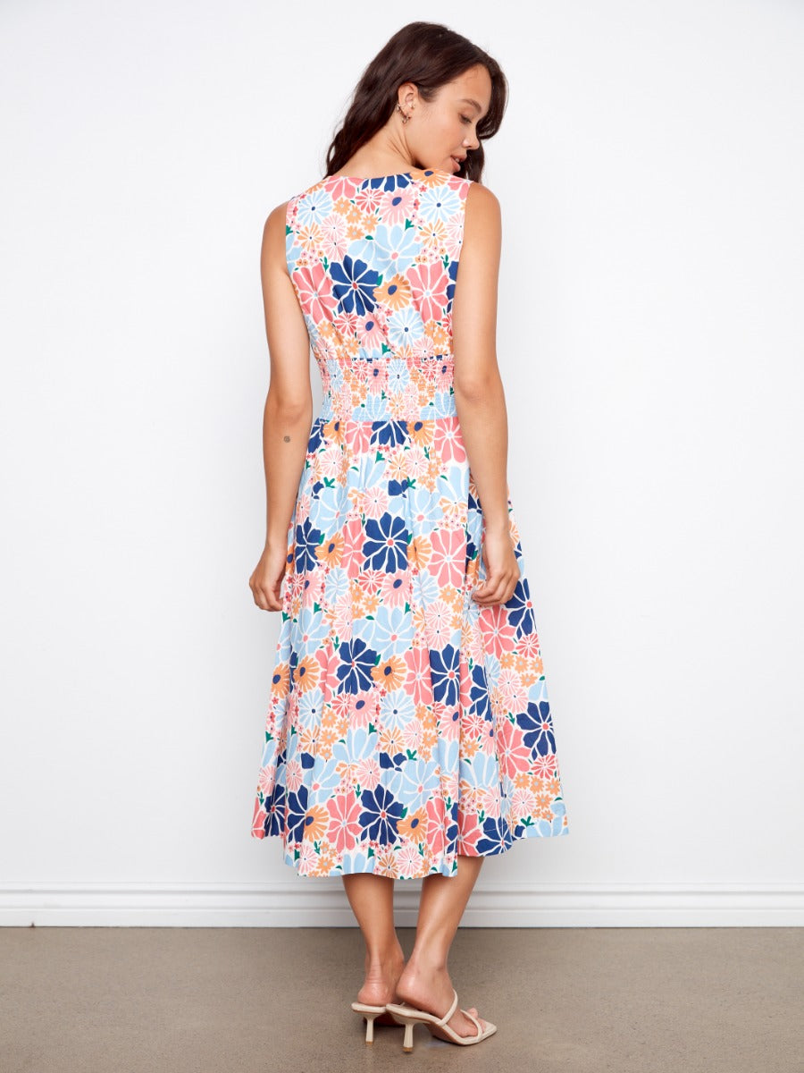 Charlie B Simon Printed Cotton Zip Front Midi Dress with multicolor floral print and sleeveless design from Charlie B