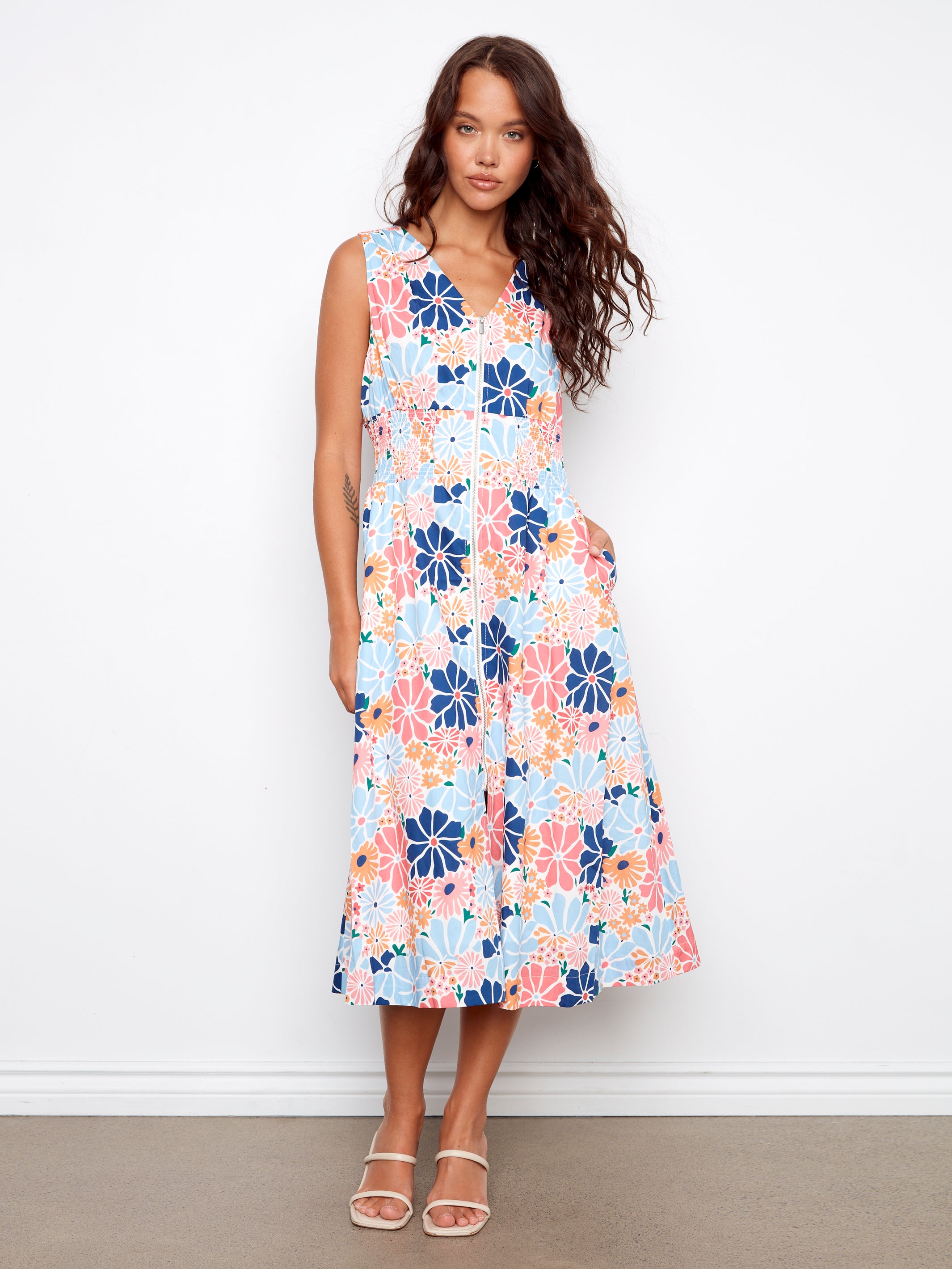 Charlie B Simon Printed Cotton Zip Front Midi Dress with multicolor floral print and sleeveless design by Charlie B