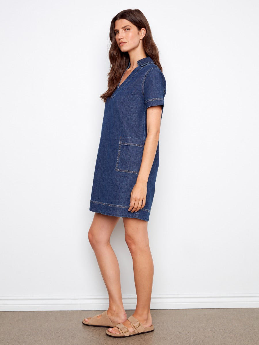 Charlie B Double Pocket Short Sleeve Denim Dress in dark blue with contrast stitching by Charlie B