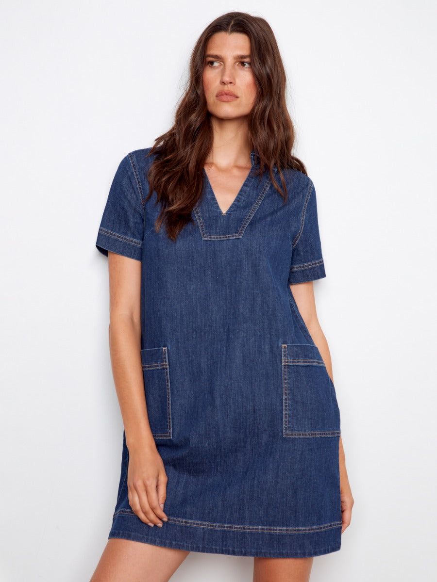 Charlie B Double Pocket Short Sleeve Denim Dress in dark blue by Charlie B with front pockets and contrast stitching
