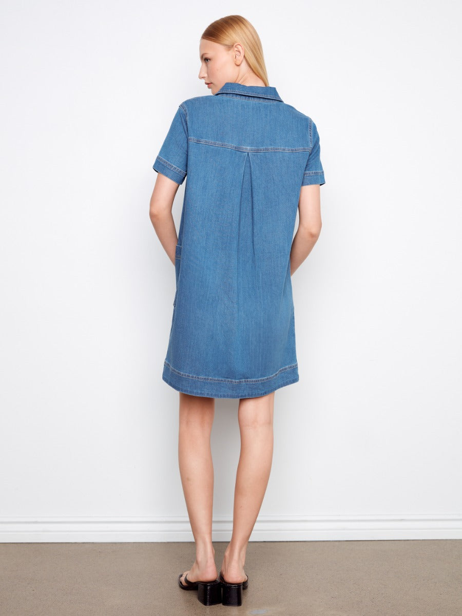 Back view of Charlie B Double Pocket Short Sleeve Denim Dress in medium blue denim by Charlie B