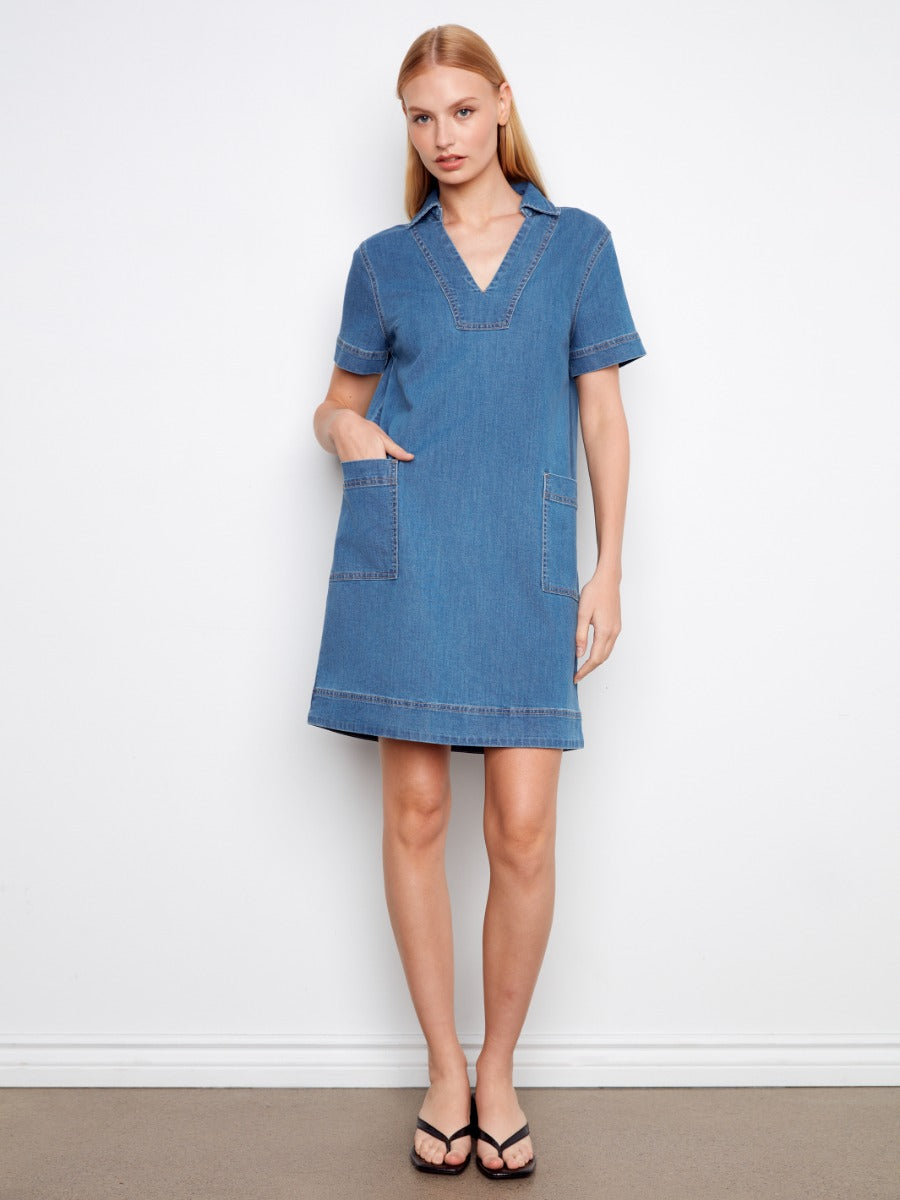 Charlie B Double Pocket Short Sleeve Denim Dress by Charlie B in medium blue with front patch pockets and collar detail