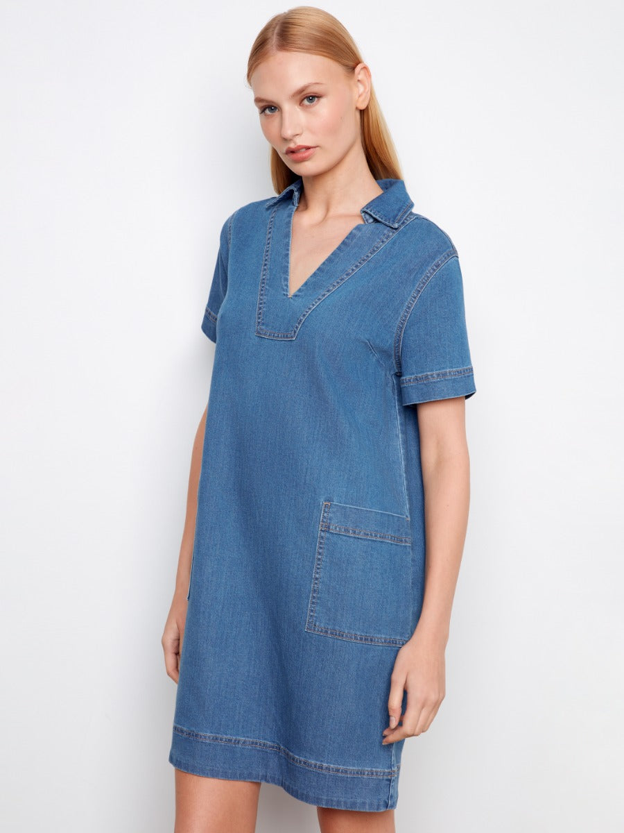 Charlie B Double Pocket Short Sleeve Denim Dress in medium blue with front patch pocket and collar by Charlie B