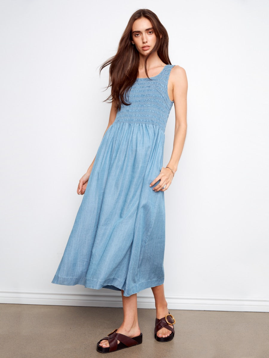 Charlie B Solstice Tencel Smocked Midi Dress in light blue, sleeveless with a smocked bodice and flowy skirt
