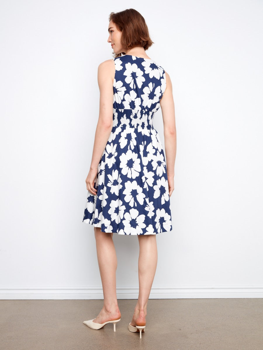 Charlie B Simon Printed Cotton Zip Front Dress in navy with large white floral print and sleeveless design