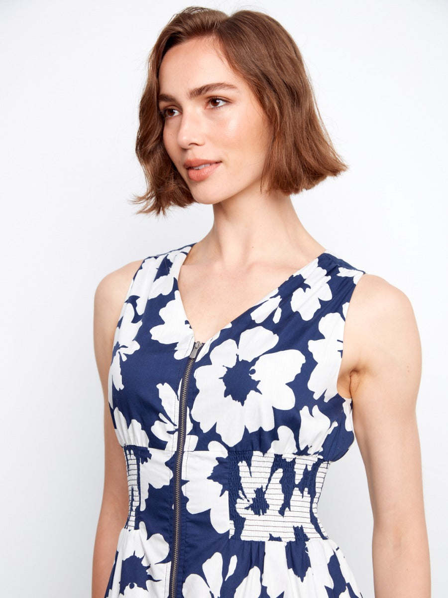 Charlie B Simon Printed Cotton Zip Front Dress in navy with white floral print and zip closure by Charlie B