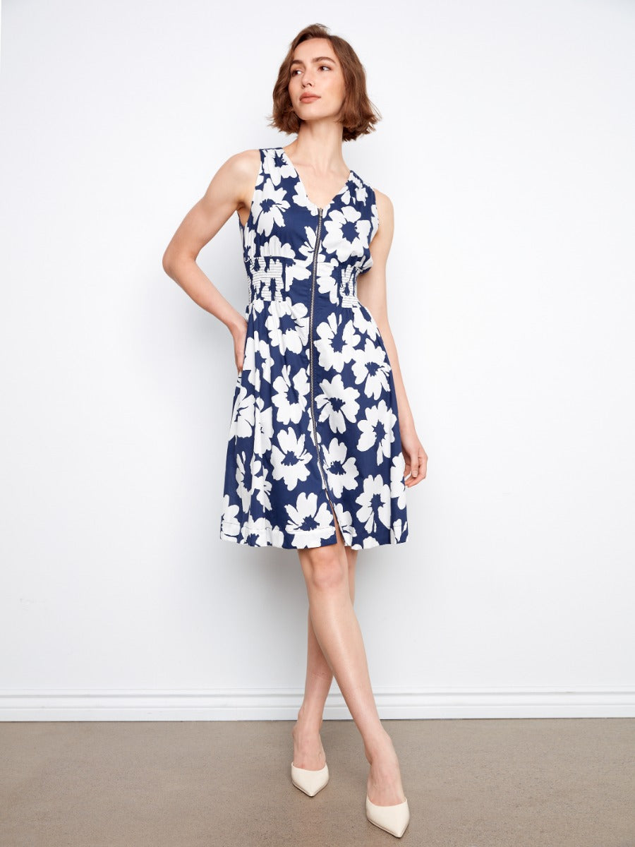 Charlie B Simon Printed Cotton Zip Front Dress in navy with white floral pattern, sleeveless and knee-length style