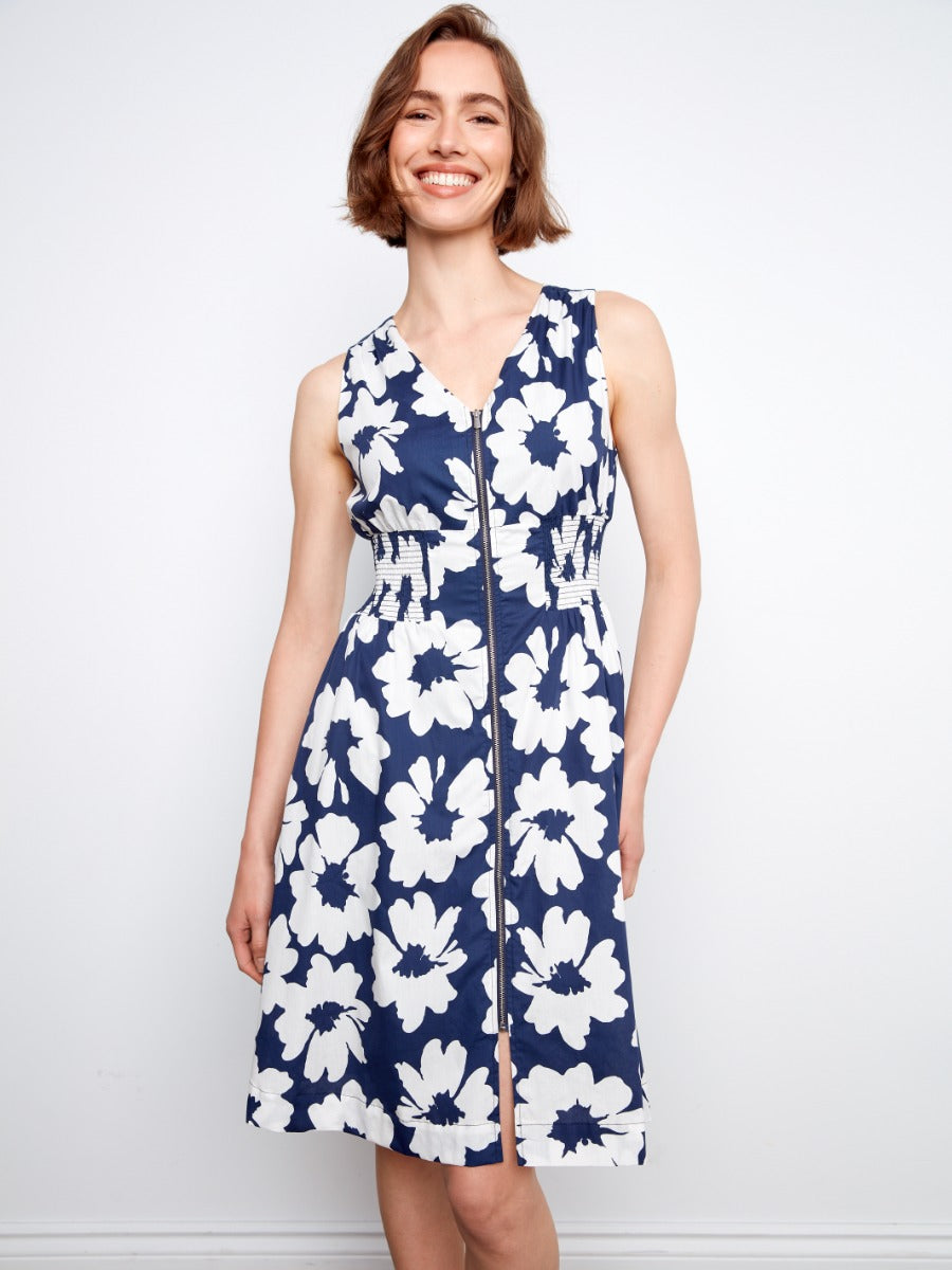Charlie B Simon Printed Cotton Zip Front Dress in navy with large white floral print by Charlie B