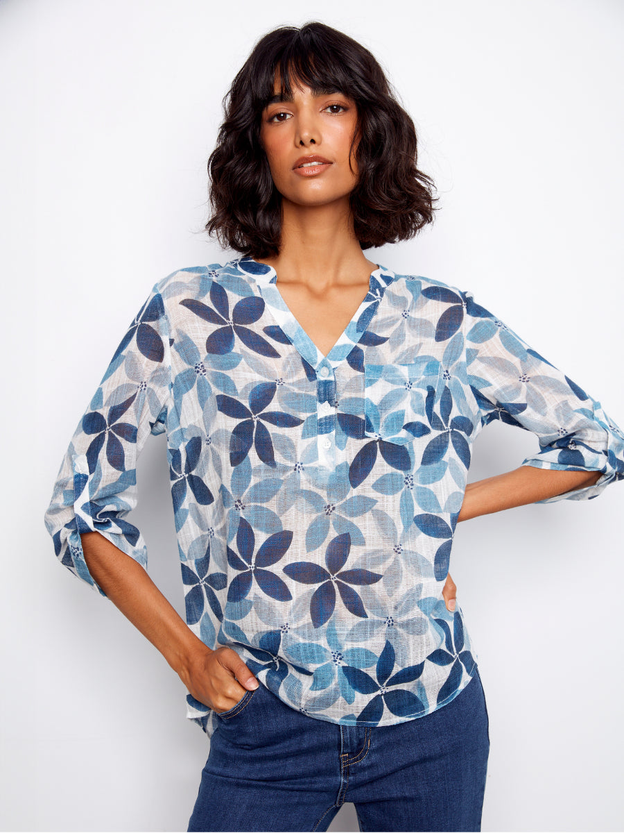 Charlie B Johanna Floral Textured Gauze Roll Sleeve Top featuring blue floral pattern and lightweight fabric by Charlie B