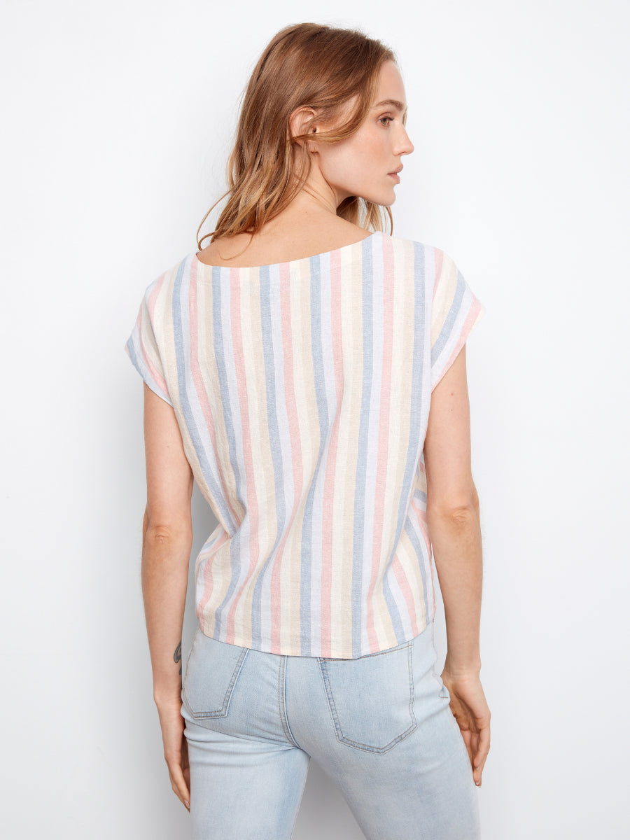 Back view of Charlie B Chevron Stripe Linen Tie Front Top with pastel vertical stripes and light blue jeans against white background