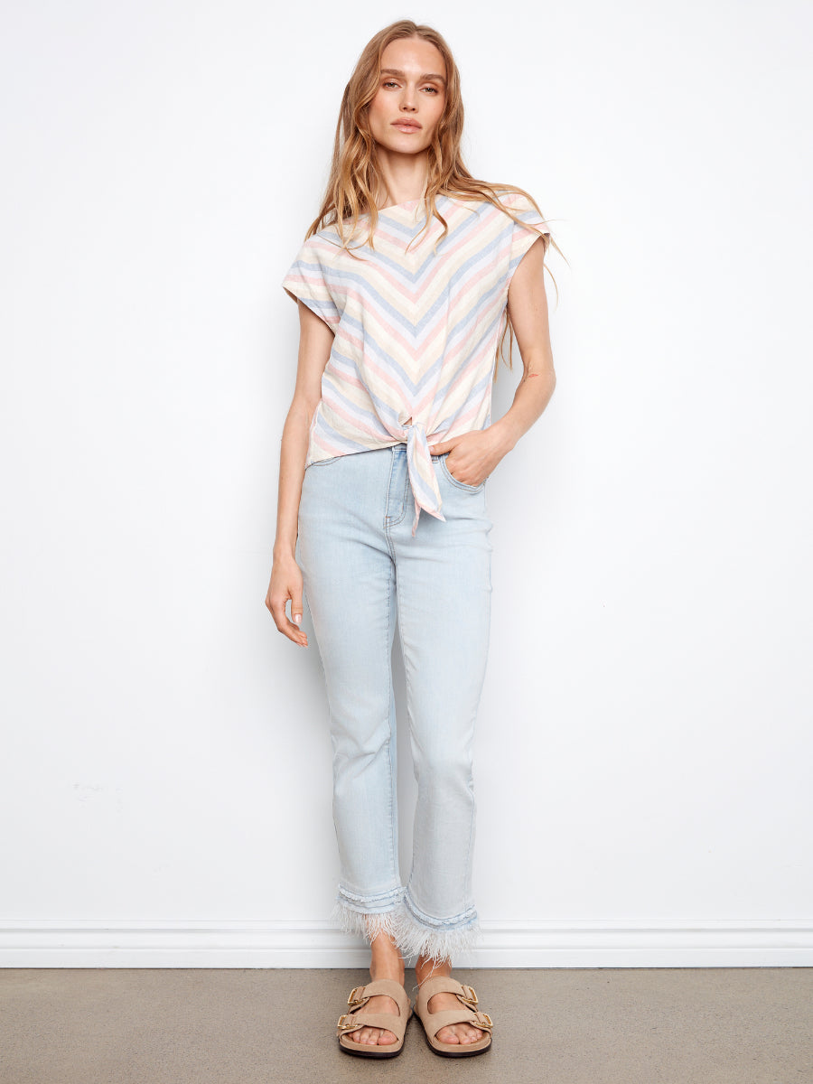 Charlie B Chevron Stripe Linen Tie Front Top with pastel chevron stripes, styled with light denim jeans and sandals.
