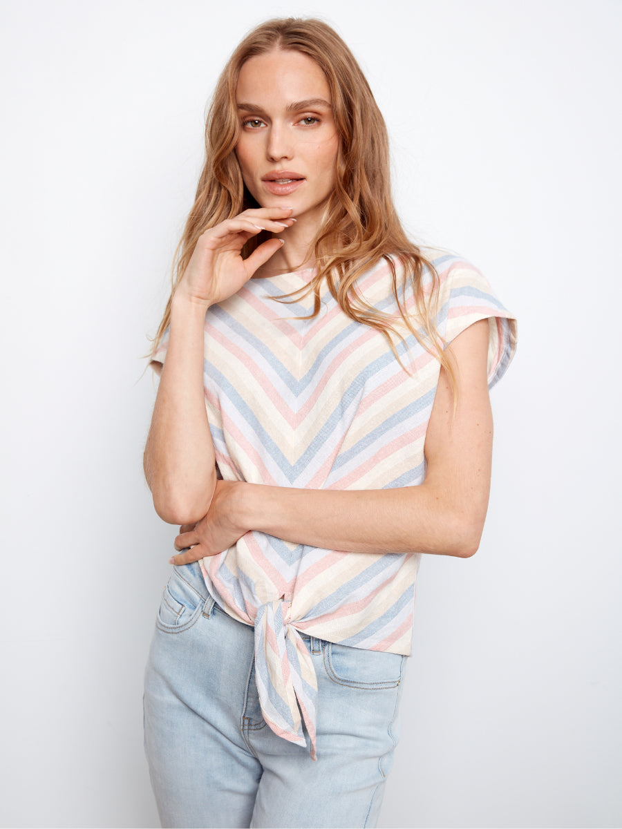 Charlie B Chevron Stripe Linen Tie Front Top in pastel shades paired with light denim jeans by Charlie B.