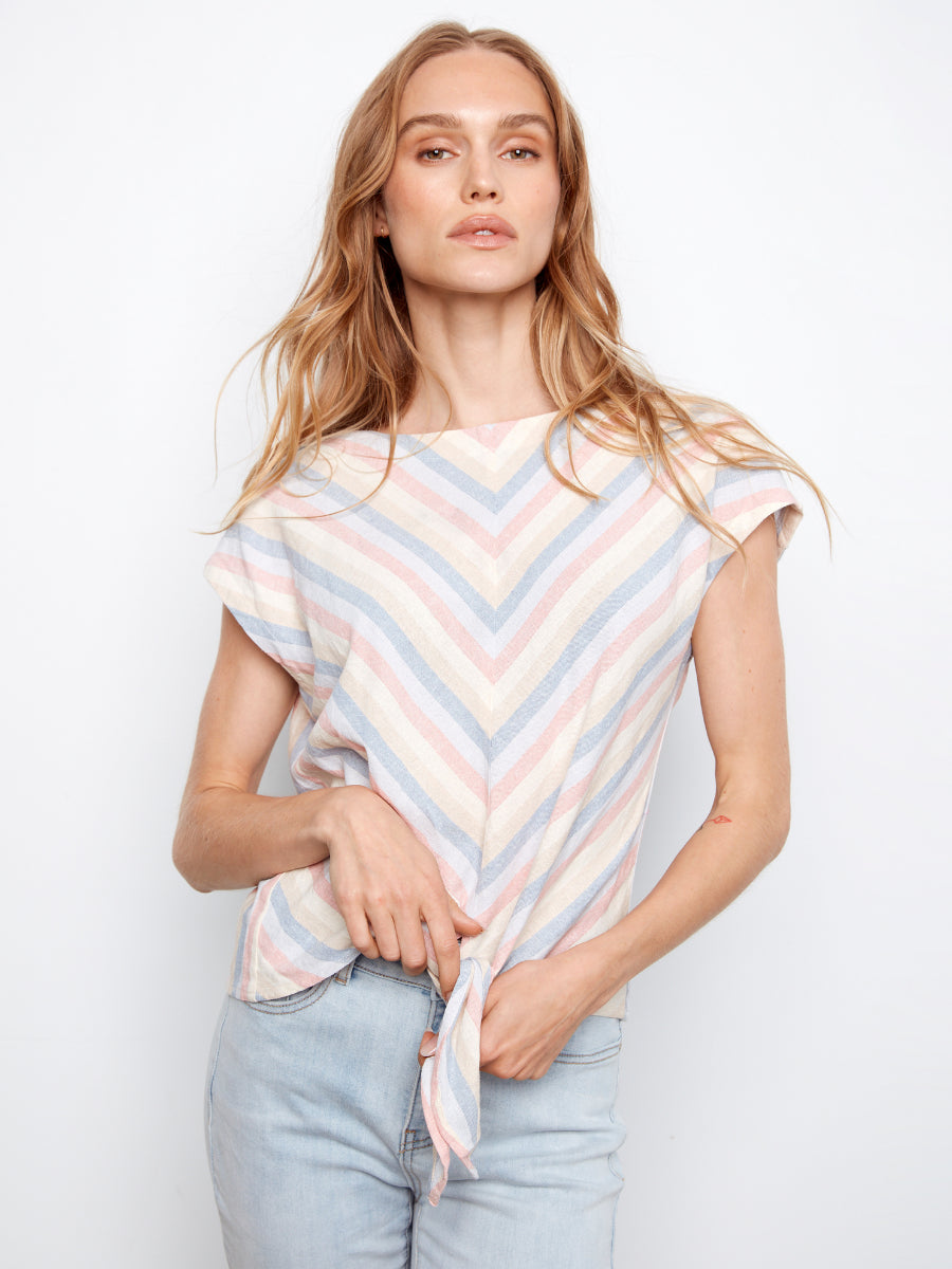 Charlie B Chevron Stripe Linen Tie Front Top in pastel stripes styled with light denim, showcasing casual summer fashion.