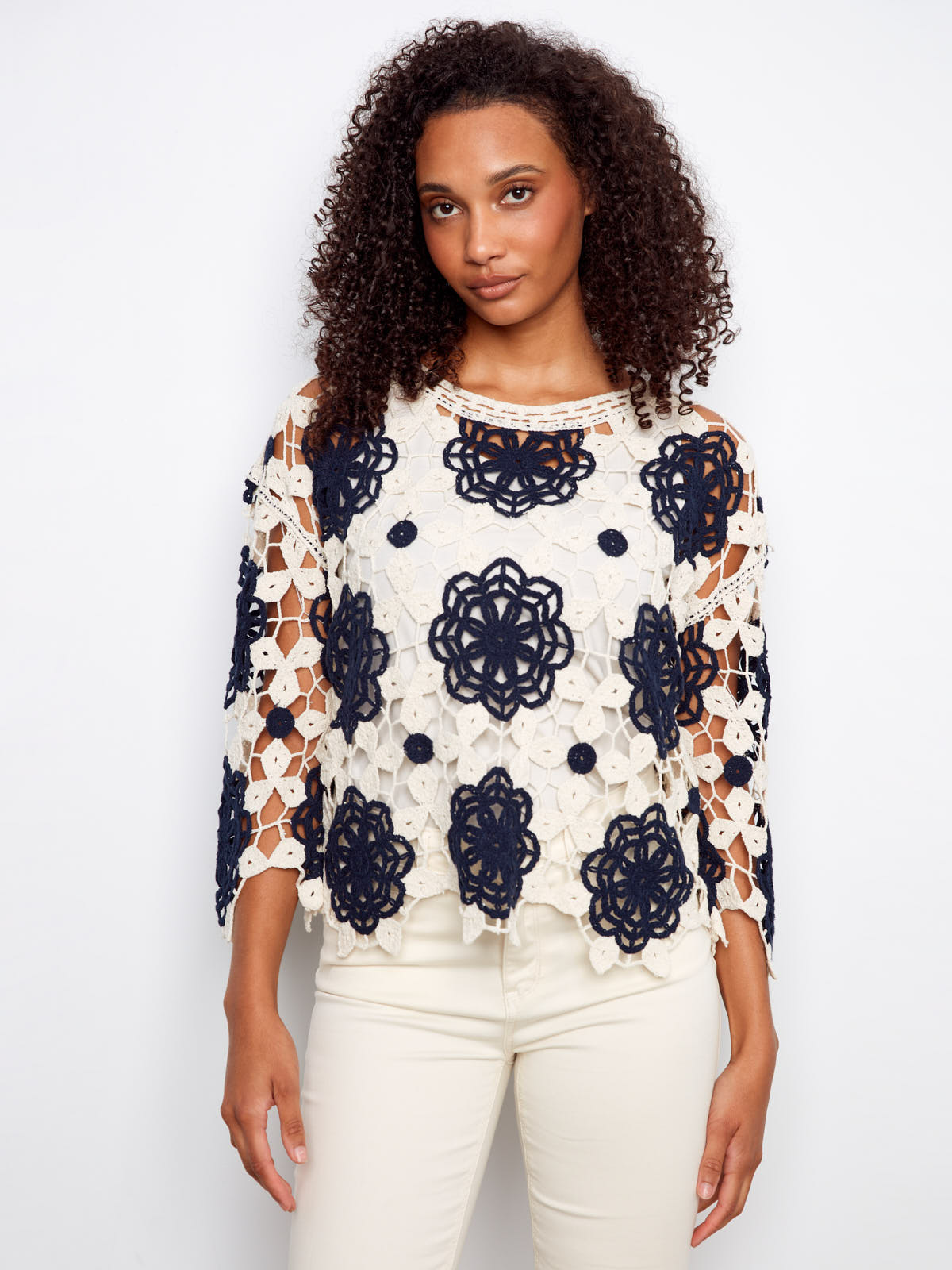Charlie B Flower Crochet Crew Top in navy and cream, a stylish crochet sweater from Charlie B's collection.
