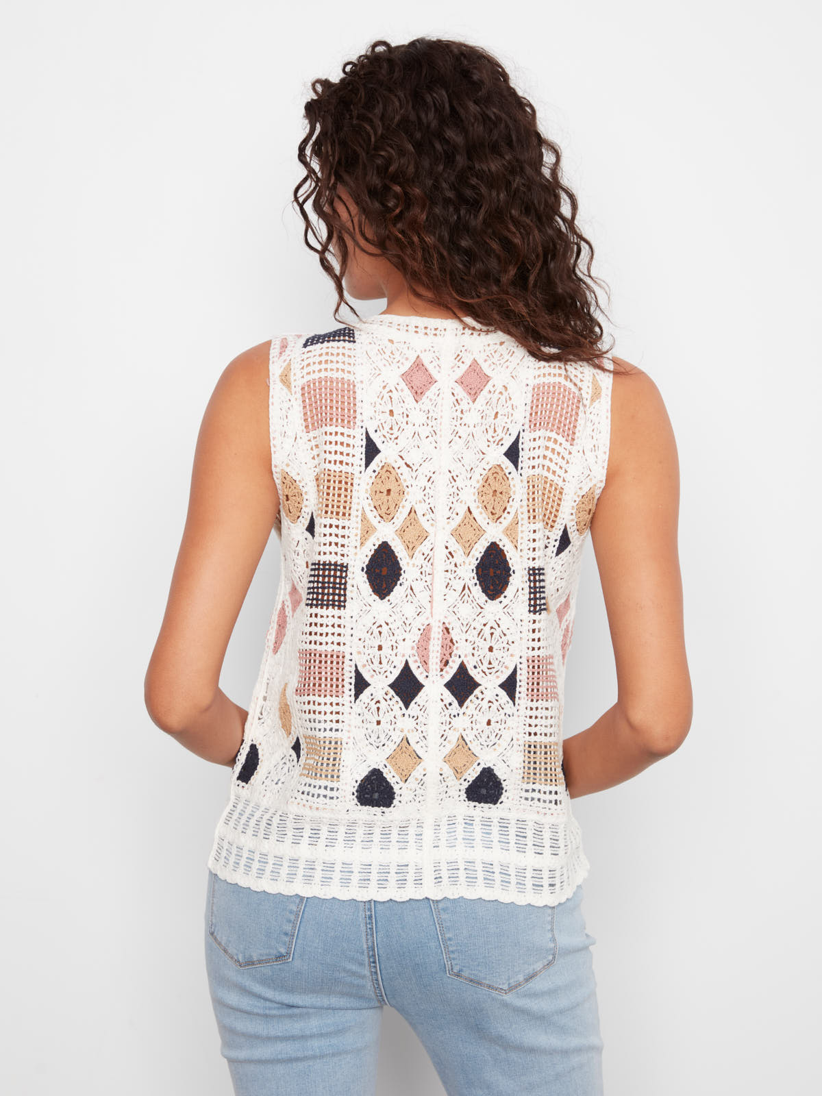 Back view of Charlie B Bella Checkered Crochet Top with multicolor checkered crochet pattern and sleeveless design