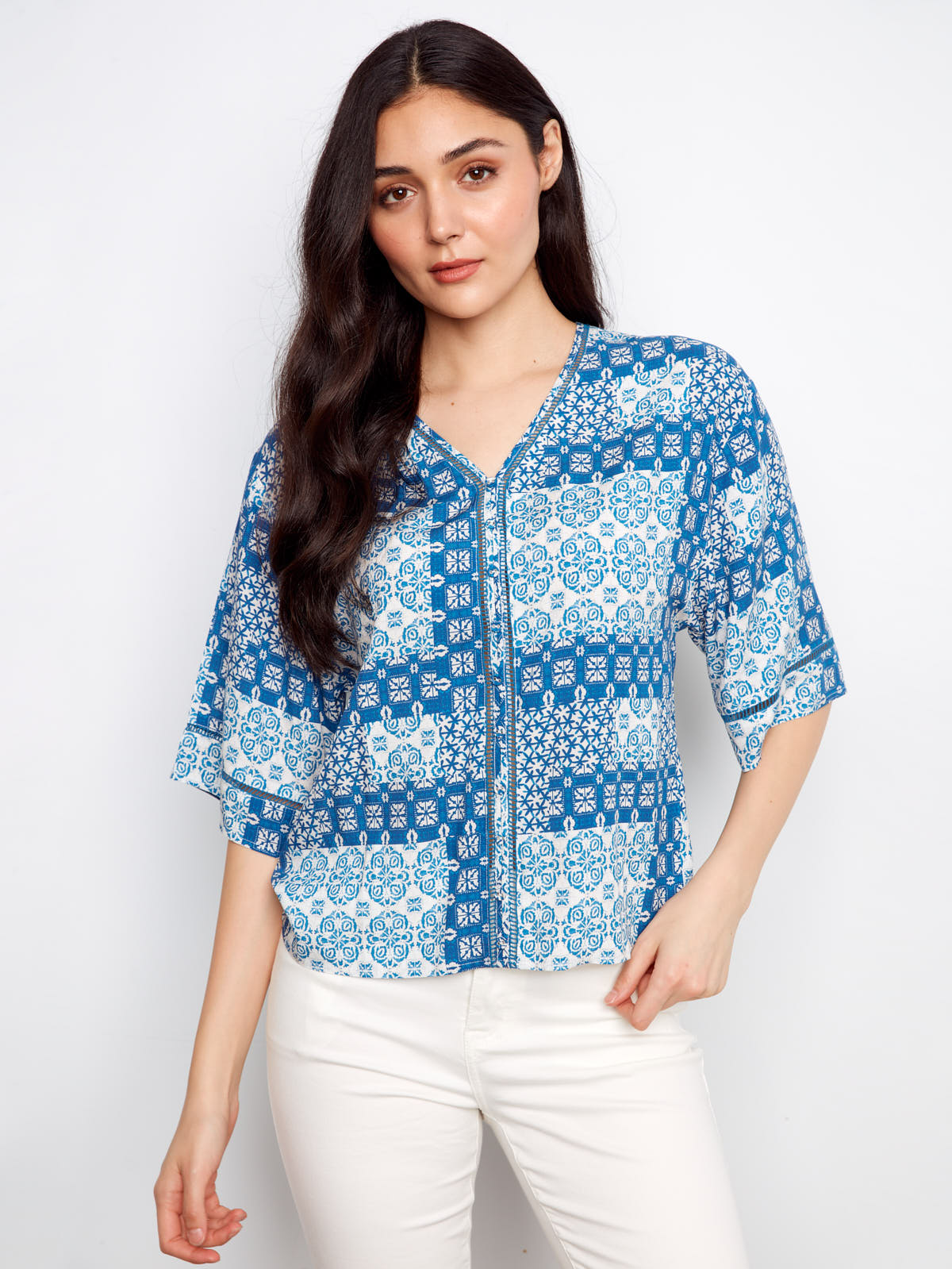 Charlie B Patchwork ¾ Sleeve Top in blue and white patchwork print with V-neck and relaxed fit by Charlie B