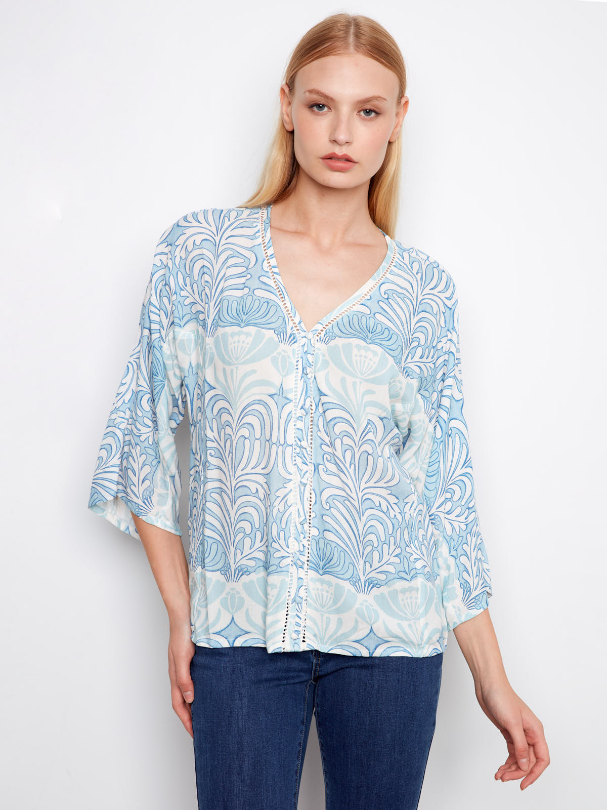 Light blue patterned blouse with ¾ sleeves by Charlie B, styled with dark denim jeans, Charlie B Ibiza ¾ Sleeve Blouse