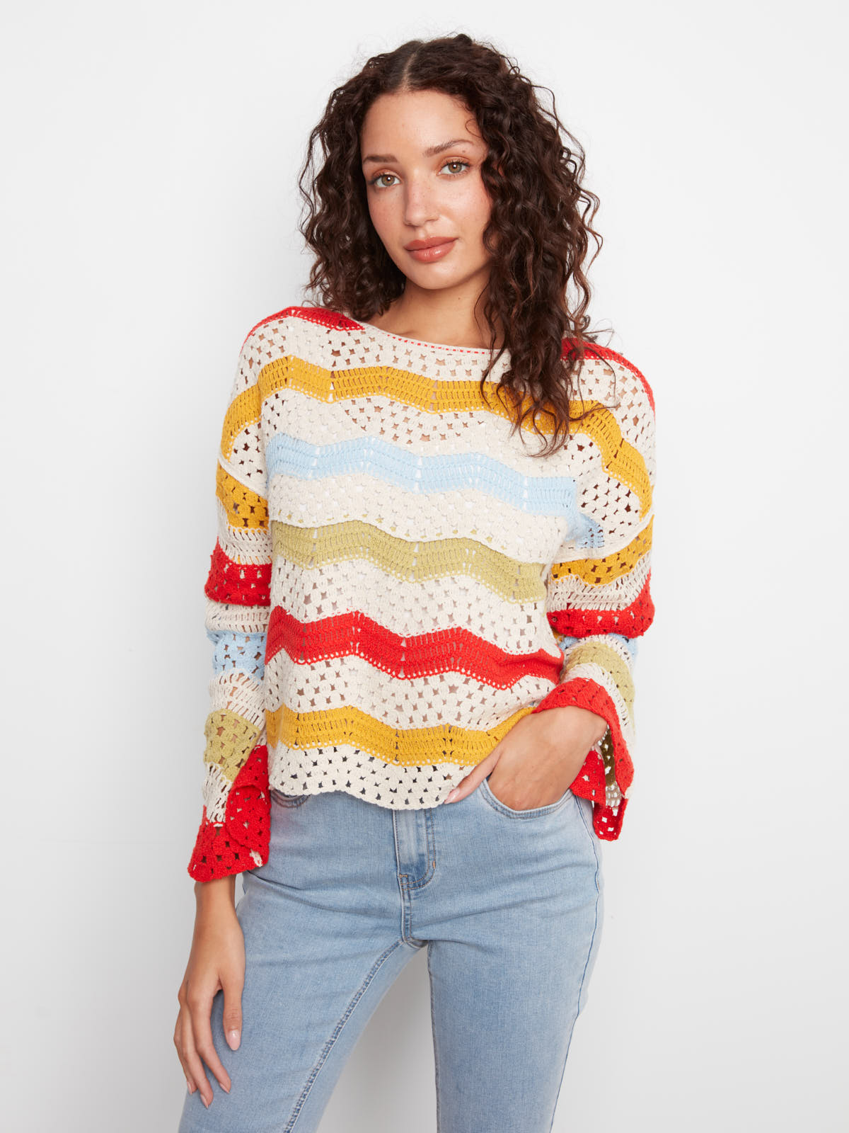 Charlie B Solstice Crochet Crew Top in multicolor crochet knit, styled with light blue denim jeans by Charlie B