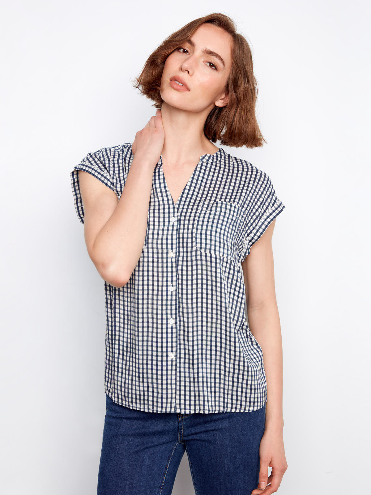 Charlie B Nautical Gingham Button Front Top in navy check pattern from Charlie B, styled with casual denim jeans.