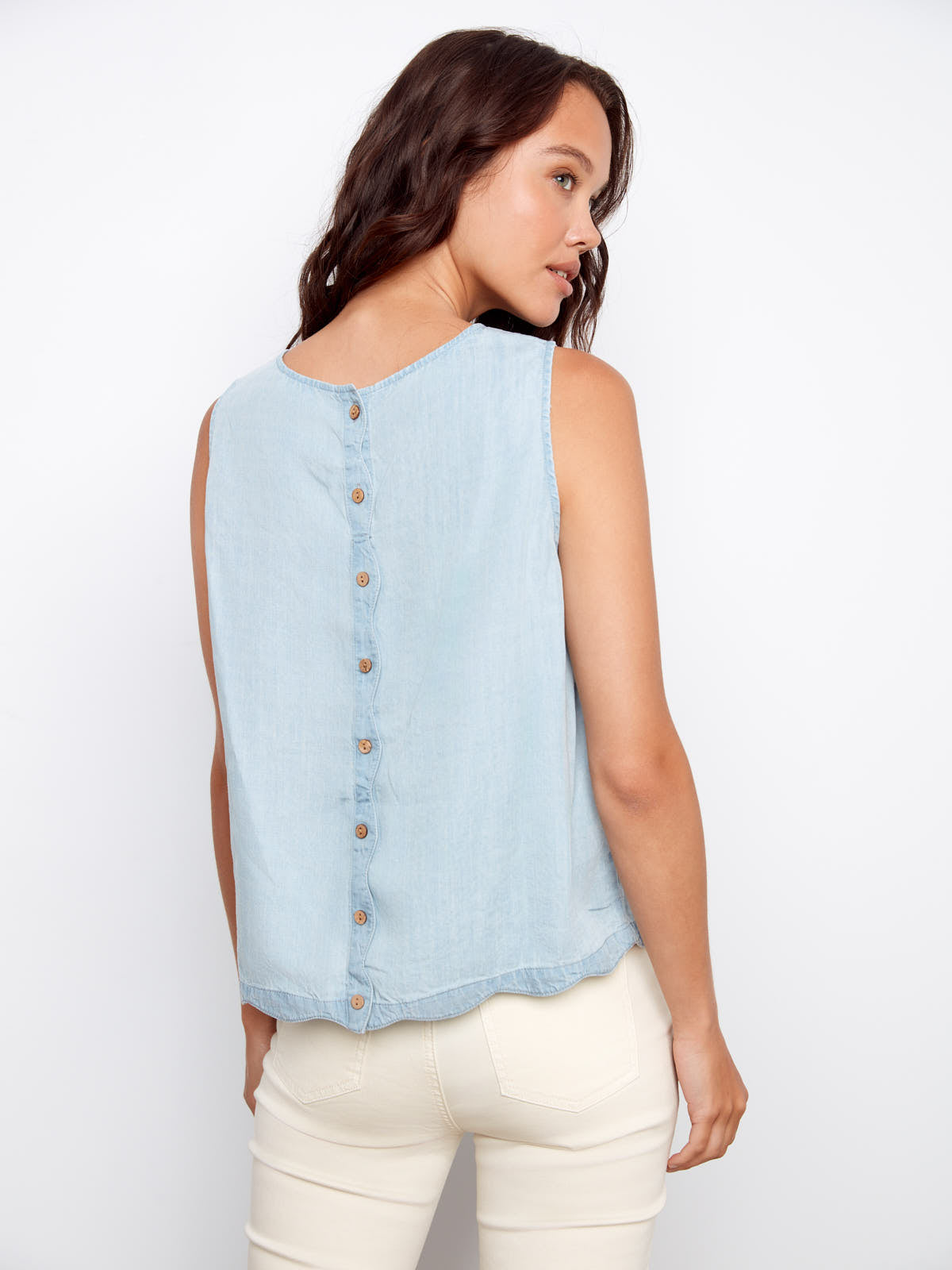 Light blue sleeveless top with back buttons and scalloped hem, Charlie B Scallop Tencel Top by Charlie B.