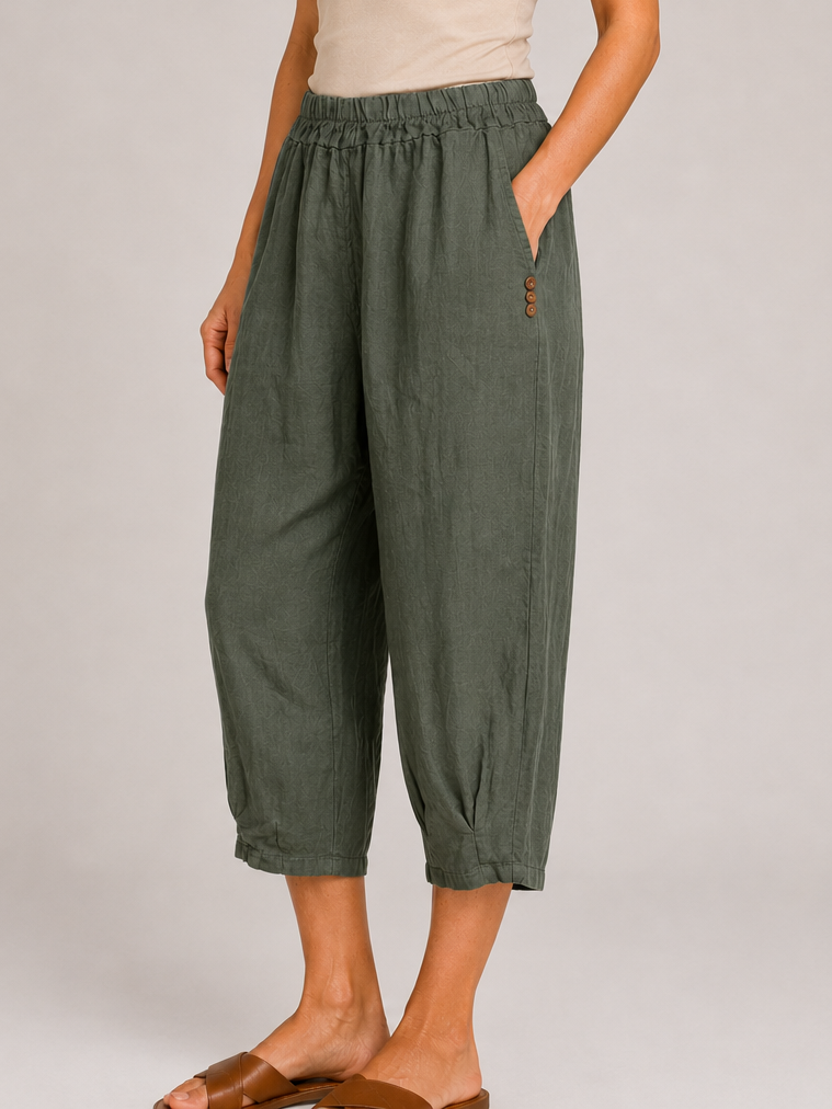 Linen Pleat Hem Cropped Capri Pants in olive green by Cherishh with side pockets and button details.