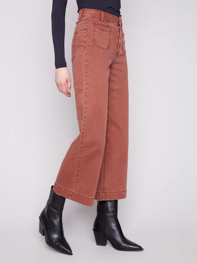 Charlie B Double Trouble 27” Wide Leg Pants in cognac styled with black ankle boots and a fitted black top