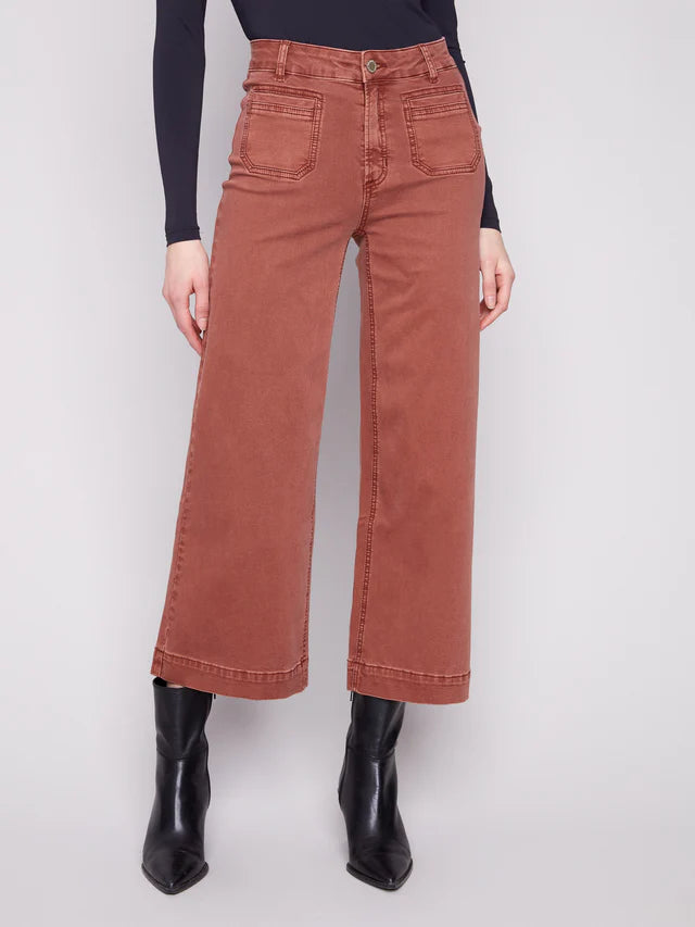 Charlie B Double Trouble 27” Wide Leg Pants in cognac color styled with black boots and a dark top