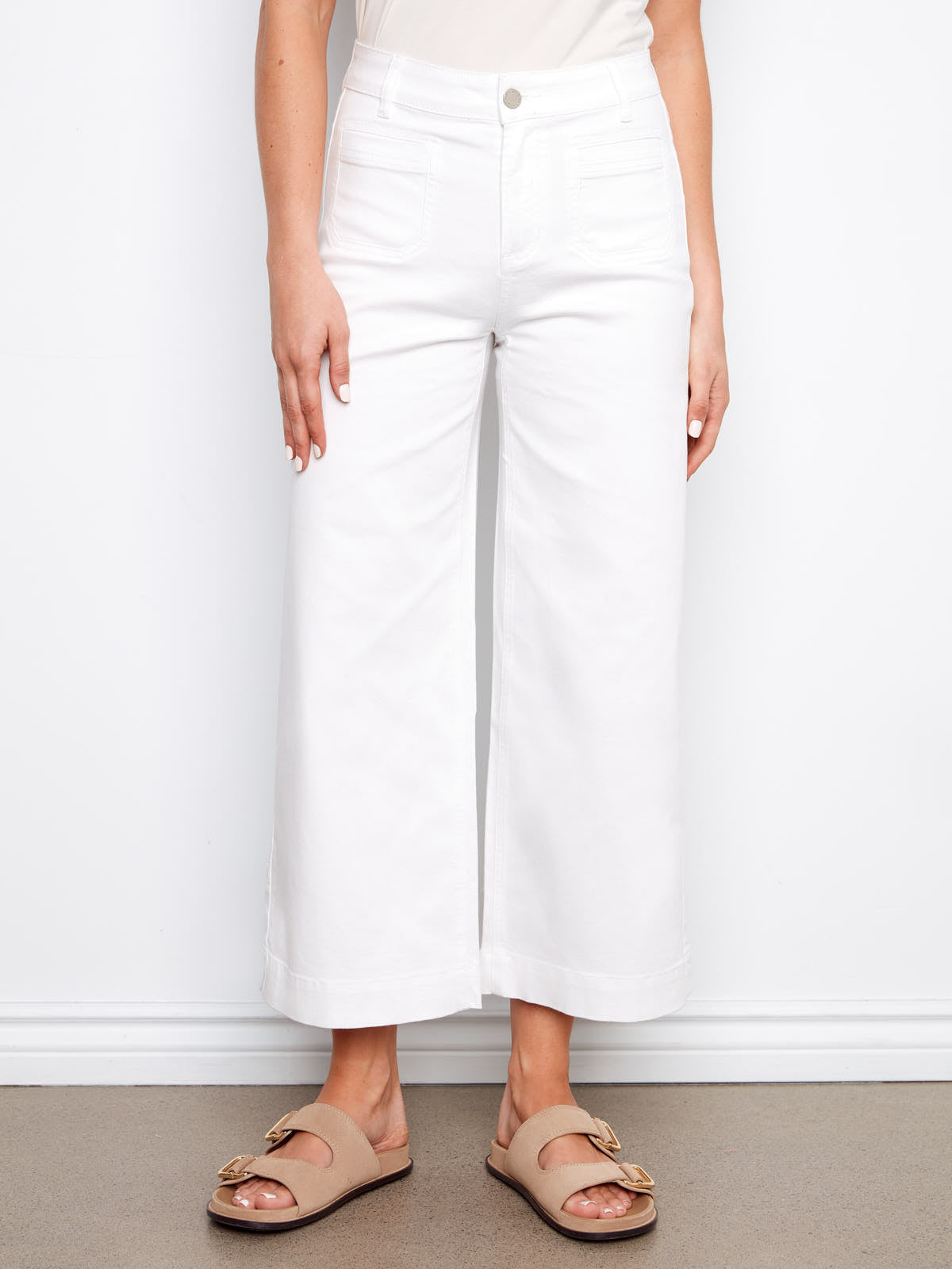 White wide-leg cropped pants with stretch and double front pockets, Charlie B Stretch Double Pocket 27” Pant by Charlie B.