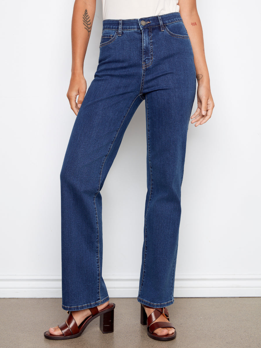Charlie B Charlotte Straight Leg Denim Jeans in indigo blue styled with brown heeled sandals by Charlie B