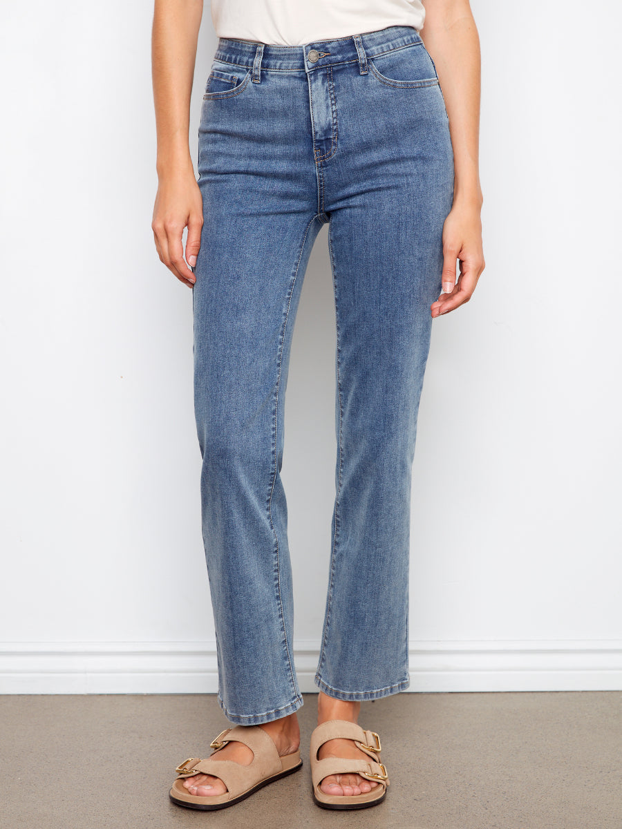 Blue denim Charlie B Charlotte Straight Leg Denim Jeans by Charlie B styled with casual sandals