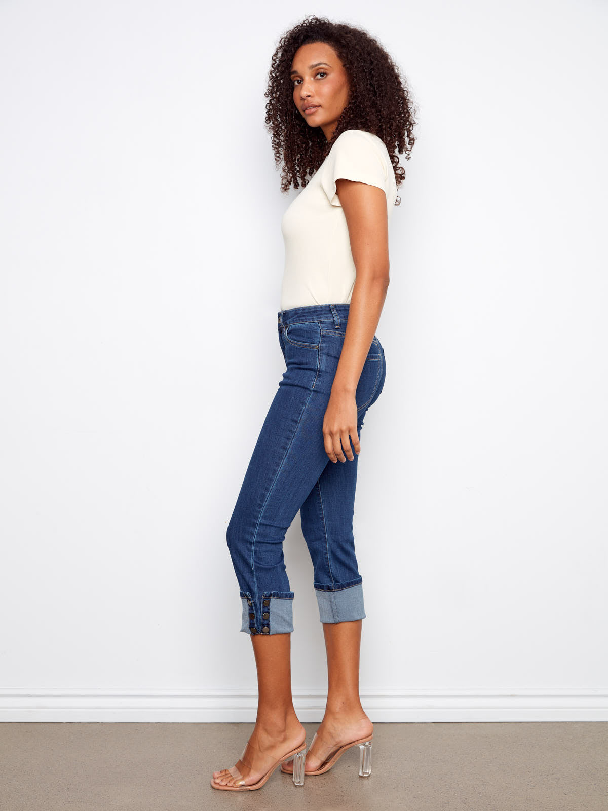 Charlie B Up Down Snap 26” Cropped Denim Capris in indigo denim styled with rolled cuffs and side snaps by Charlie B