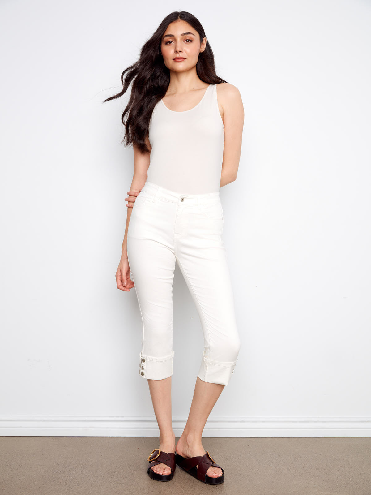 Charlie B Up Down 26” Cropped Capris in white styled casually with a sleeveless top and sandals by Charlie B