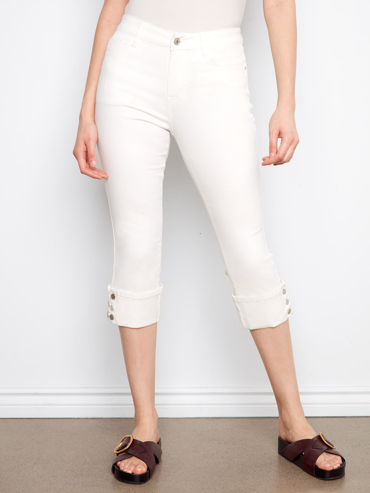 Charlie B Up Down 26” Cropped Capris in white denim with button details at cuffs by Charlie B