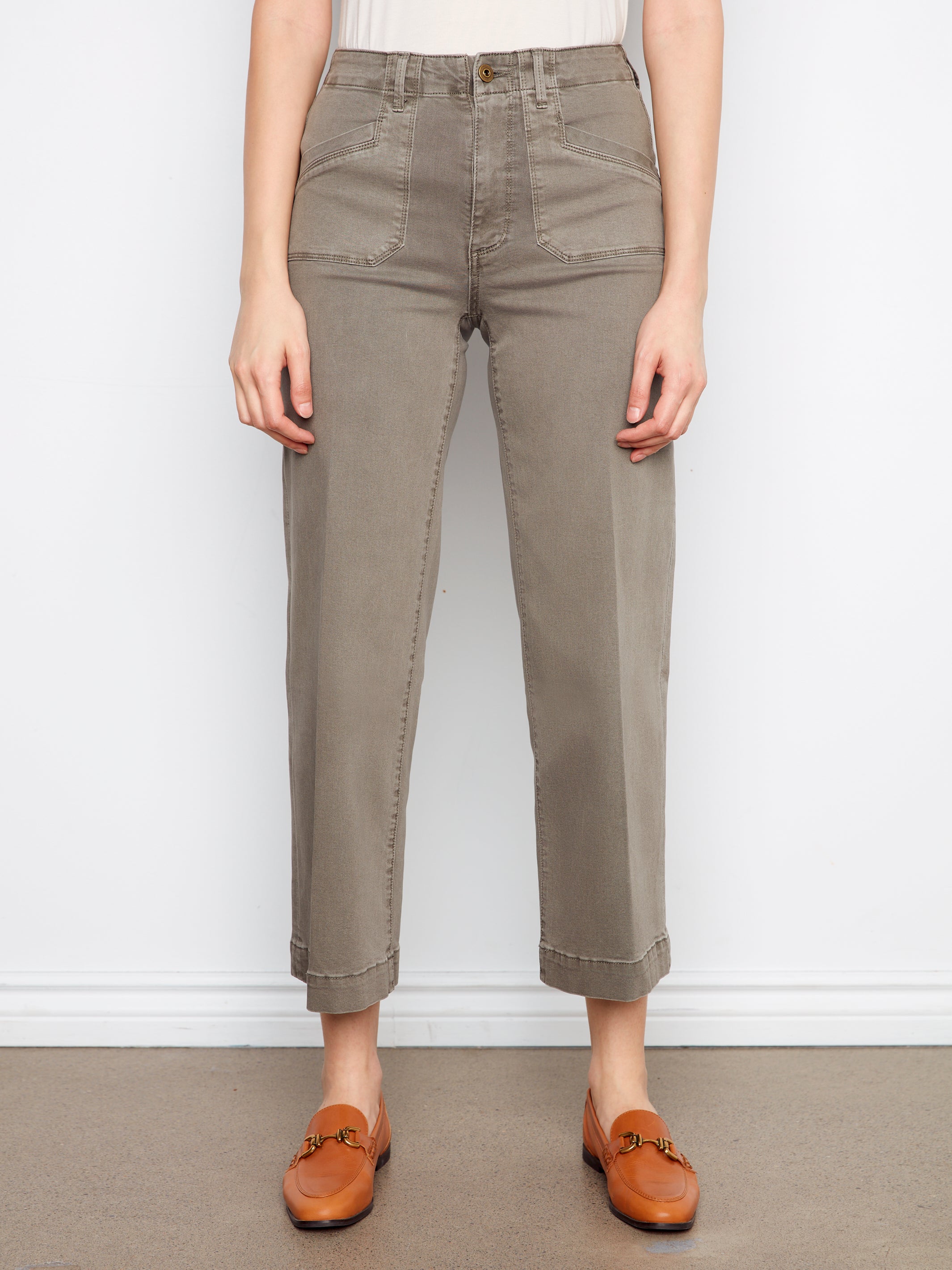 Charlie B Lola Double Pocket 27” Twill Wide Pants in sage green styled with brown loafers by Charlie B.