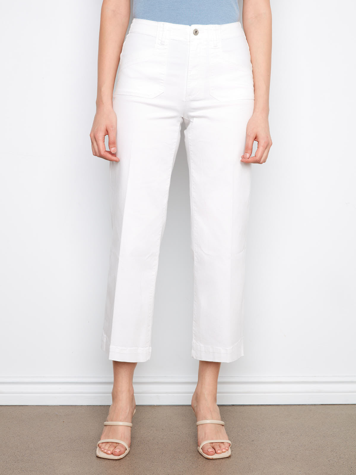 Charlie B Lola Double Pocket 27” Twill Wide Pants in white, featuring high waist and straight cropped legs.