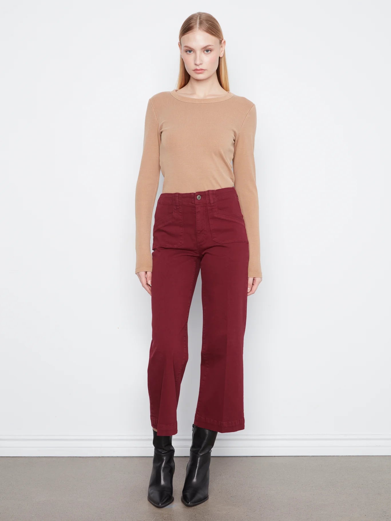 Charlie B Lola Double Pocket 27" Wide Leg Color Twill Pants in deep red with front pockets and button closure by Charlie B